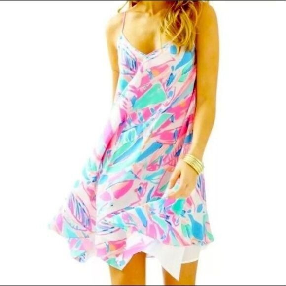 Lilly Pulitzer Out to Sea Clara Silk Slip Dress Pink Blue Floral XXS - Picture 1 of 7